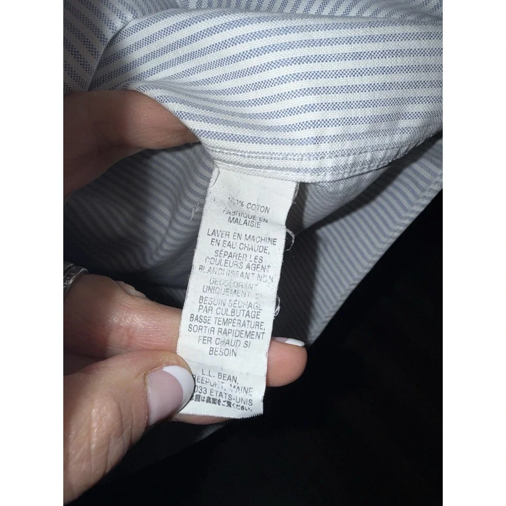 LL Bean 15.5‎ Reg Wrinkle Resistant Blue White Striped Button Down S/S Shirt